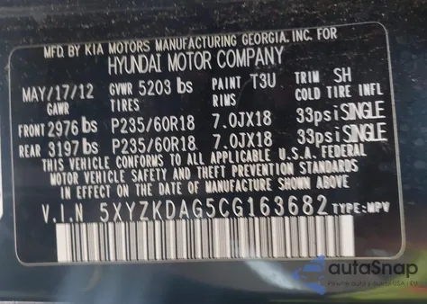 2012 Hyundai Santa Fe Limited V6 z USA, uszkodzony, nr VIN 5XYZKDAG5CG163682